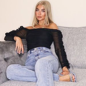 Pretty Little Thing black mesh frill top edge bardot bodysuit.